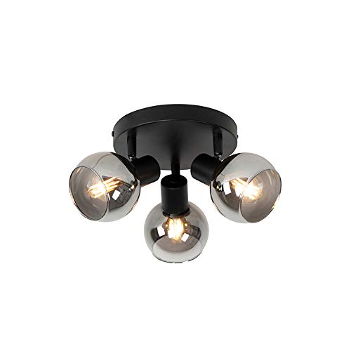QAZQA - Art Deco Deckenleuchte I Deckenlampe I Lampe I Leuchte schwarz 3-flammig Spotbalken5 cm mit Rauchglas 3-flammig Spotbalken-Licht - Vidro I Wohnzimmer I Schlafzimmer - Rund - LED geeignet E14