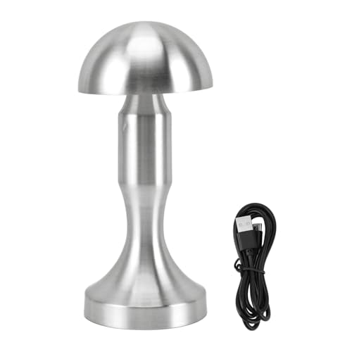 Tischlampe aus Metall in Pilzform, Eisen, 3-farbige LED, 1800 mAh, Typ C, Berührungssensor, stufenloses Dimmen, Nachttischlampe für Restaurants, Wohnzimmer, Büro (Silber)