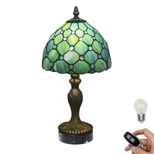 FSLiving Tiffany-Stil Tischlampe Kabellos Warmweißes, Wiederaufladbar Tischleuchte, Dimmbar Nachttischlampe mit Glasschirm und Fernbedienung für Nachttisch Esszimmer Schlafzimmer -TD0901