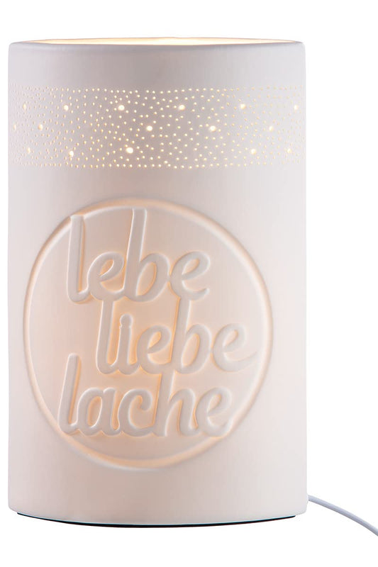 GILDE Porzellan Lampe - Tischlampe Ellipse lebe liebe lache - Dekoration Wohnzimmer - Geschenk weiß Höhe 28,5 cm