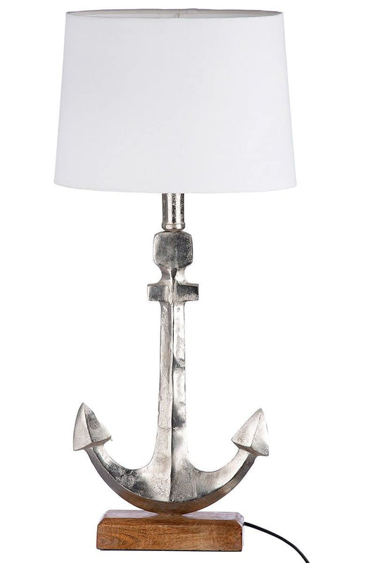 GILDE Maritime Lampe Alu-Anker auf Mangoholzsockel mit weißem Schirm
