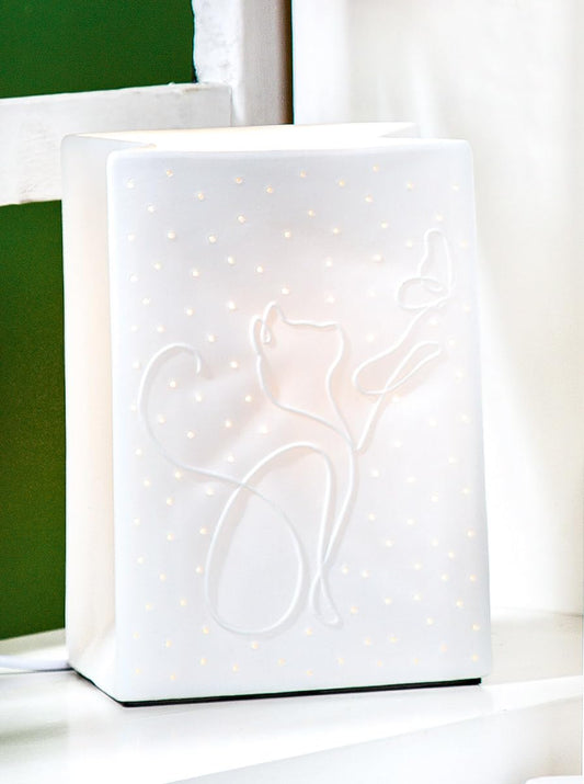 GILDE Tischleuchte Love Cat Porzellan weiß Katzen Motiv rechteckig Höhe 18 cm Tischlampe Dekoration Beleuchtung Wohnaccessoire