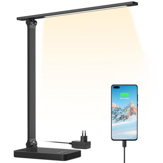 Lepro Schreibtischlampe, LED Tischlampe 15W, 655LM Tischleuchte 3 Farben, 5 Helligkeitsstufen Dimmbar mit USB-Anschluss, Schreibtischleuchte Augenschutz, Leselicht für Büro, Schwarz