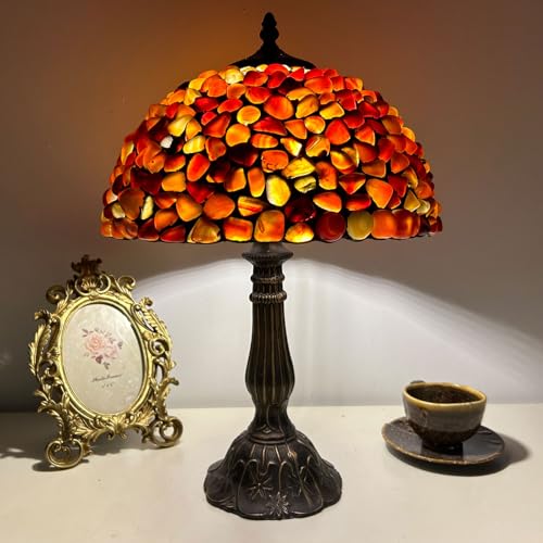 Lampe, 12X12X19 Zoll Achat-Bernstein-Buntglaslampe, Tischlampe aus Naturstein, antike Vintage-Schreibtischleuchte für Nachttisch, Büro, Wohnzimmer, Lesenachtlicht, Rot