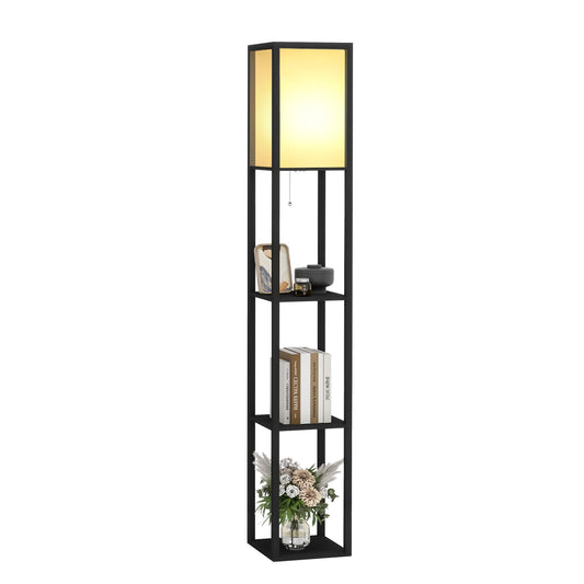 Fullwatt Stehlampe mit Holzregal Innenbeleuchtung Holz Stehleuchte mit Regalen für Schlafzimmer und Wohnzimmer (schwarz)