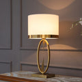 Tischlampe moderner leichter Luxus Stil, Stoffschirm, dekorativer Metallfuß, E27 Tischleuchte, Nachttischlampe, H x D: 49 x 25 cm, Gold Farbe/weiß