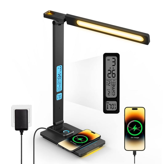 Schreibtischlampe LED Dimmbar mit Ladefunktion Uhr - Tischlampe Nachtlicht mit 10W Kabellosem Ladegerät, USB-Ladeanschluss Klappbare Schreibtisch Lampe, Touch 5-stufig Dimmbare Beleuchtung, 3 Modi
