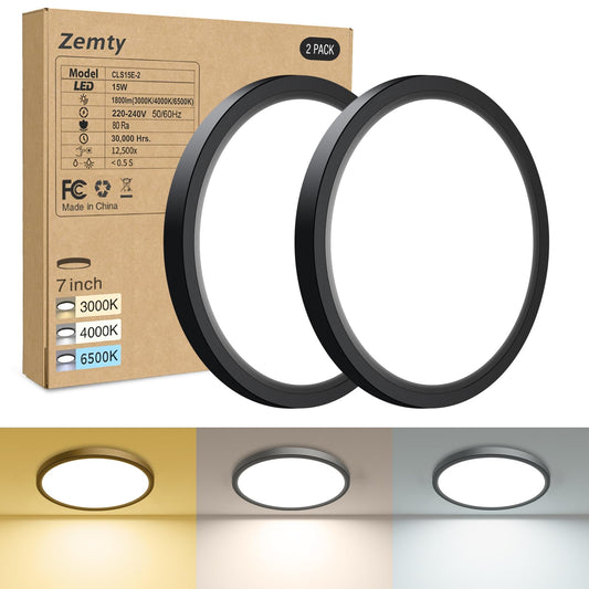 zemty 2Stück/3Farben 3000/4000/6500K LED Deckenleuchte Flach, 15W 1800LM Ø18cm Deckenleuchten, Schwarz Rund Ultra Dünn Deckenlampe LED Lampen Deckenlampen,Deckenbeleuchtung für Badezimmer,Küche