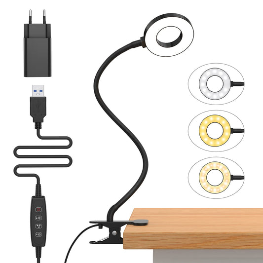 iZELL 23 LED Leselampe Bett Dimmbar -【3 Modi & 10 Helligkeitsstufen】 Augenschutz Klemmlampe mit 40cm Flexiblem Schwanenhal, Buchlampe, Schreibtischlampe mit 10W USB-Ladegerät