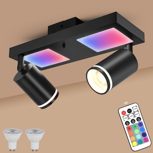 YindaLux Deckenstrahler LED Dimmbar mit Fernbedienung, RGB Farbwechsel 17W 2300LM Deckenlampe Strahler Schwenkbar, Schwarz Deckenleuchte 2 Flammig mit Unteres Glühen 7W+2x5W GU10 Spot für Wohnzimmer