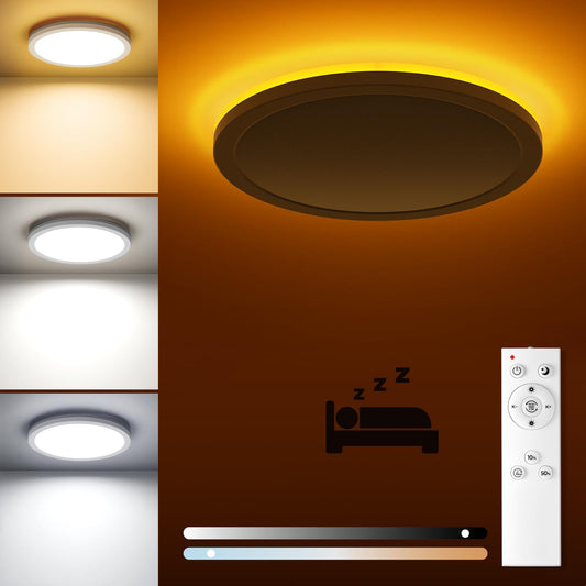Matane LED Deckenleuchte Dimmbar mit Fernbedienung, 18W Ø22cm Deckenlampe mit 5W Nachtlicht Warm Lampen, 3000K-6500K Dimmbar Flach Panel für Schlafzimmer Kinderzimmer Badezimmer Flur-Rund Weiß