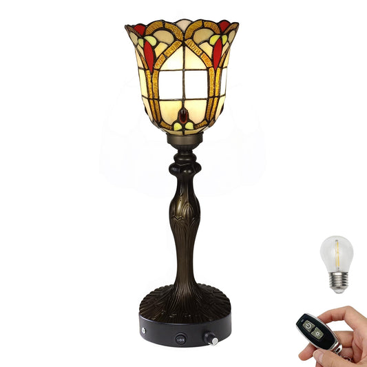 FSLiving Tiffany-Stil Tischlampe Kabellos Warmweißes, Wiederaufladbar Tischleuchte, Dimmbar Nachttischlampe mit Glasschirm und Fernbedienung für Nachttisch Esszimmer Schlafzimmer -TD0928