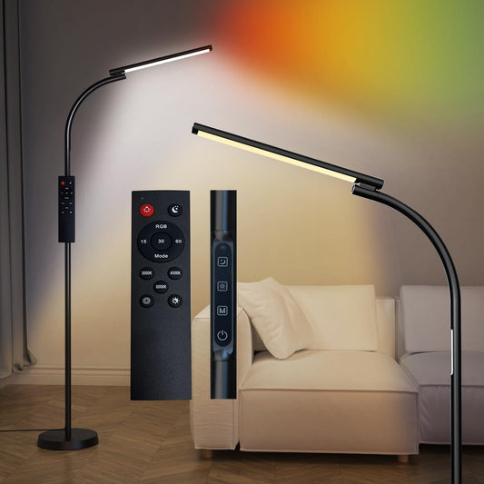 Lanmonlily LED Stehlampe Dimmbar 10W, stehlampe Wohnzimmer mit Fernbedienung, stehleuchte mit Berührungssteuerung, 360° Drehbare Stehlampe Schwarz, Stehlampen für Schlafzimmer, Büro
