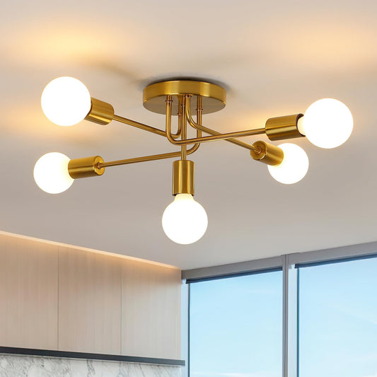DELIPOP Deckenleuchte Vintage - 5 Flammig E27 Retro Deckenlampe Kronleuchter Gold Modern für Wohnzimmer Esszimmer Flur Restaurant Hotel Café