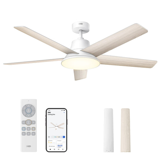 DREO Smart Deckenventilator mit Licht, 132 cm, 12 Geschwindigkeiten(APP), 3 Modi, stufenlos dimmbares LED-Beleuchtung, leiser DC-Motor, 12H-Timer, Fernbedienung/Alexa, für Innenräume, Weiß