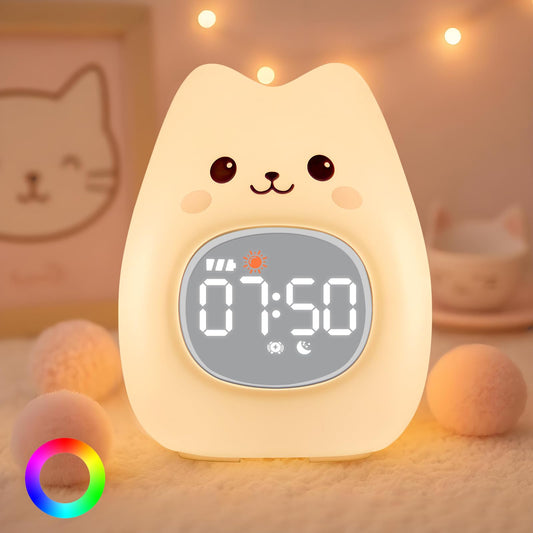 Aokpsrt Katzenwecker mit Nachtlicht für Kinder mit Schlaftraining und Sound-Maschine, wiederaufladbare Silikonlampe zum Aufwachen, niedliche Tier-Tischlampe, perfekter Schlafbegleiter für Jungen und
