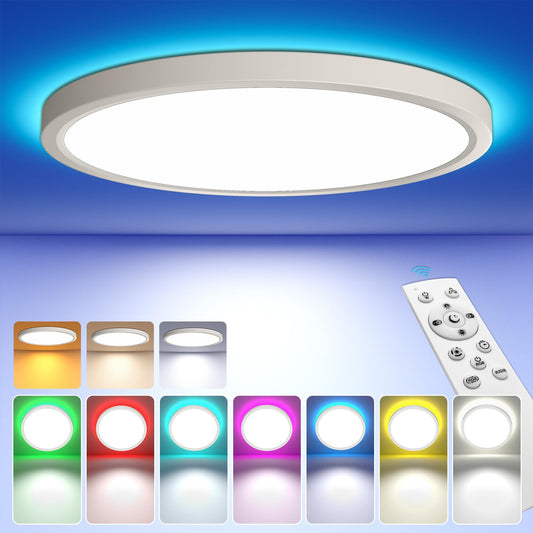 DetarZinLED 30cm Deckenlampe mit Fernbedienung, 24W Flach Rund Led Deckenleuchte, Dimmbar Rgb Farbwechsel Decken Lampe 3000K-6500K 2700LM IP44 für Wohnzimmer Jugendzimmer Badezimmer[ Energieklasse E]