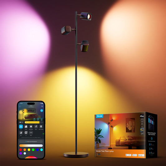 Govee 3-Flammen LED Stehlampe, RGBWW Fokus-Verstellbar Stehleuchte, 1500lm, Matter Alexa Kompatibel, 64+ Szenen, Musik Sync, 157cm Stehlampen Schwarz für Wohnzimmer, Schlafzimmer, Lesezimmer Deko