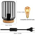 Pheashine Retro Tischlampe Vintage Industrial Tischleucht Schwarz Metall au Holz Sockel, Nachttischlampe E27 Fassung mit Schalter für Wohnzimmer Schlafzimmer- 60W Max. - Ohne Leuchtmittel