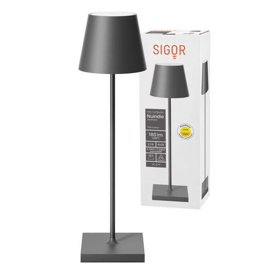 SIGOR Nuindie - Dimmbare LED Akku-Tischlampe Indoor & Outdoor, IP54 spritzwassergeschützt, Höhe 38 cm, aufladbar mit Easy Connect, 12 h Leuchtdauer, graphitgrau