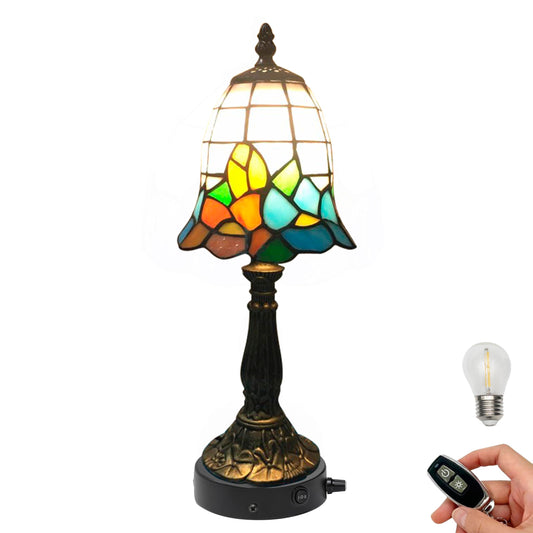 FSLiving Tiffany-Stil Tischlampe Kabellos Warmweißes, Wiederaufladbar Tischleuchte, Dimmbar Nachttischlampe mit Glasschirm und Fernbedienung für Nachttisch Esszimmer Schlafzimmer -TD0789