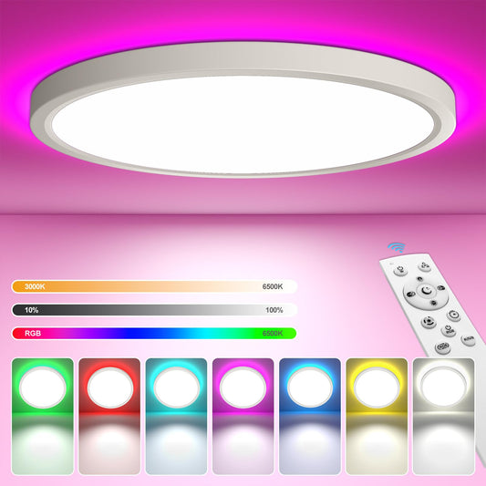 YiLaie 24W Deckenlampe LED Deckenleuchte Dimmbar mit Fernbedienung RGB Farbwechsel Deckenbeleuchtung 3000K-6500K 2700LM IP44 Wasserdicht Deckenlampe Wohnzimmer Deckenleuchte Schlafzimmer Ø30cm