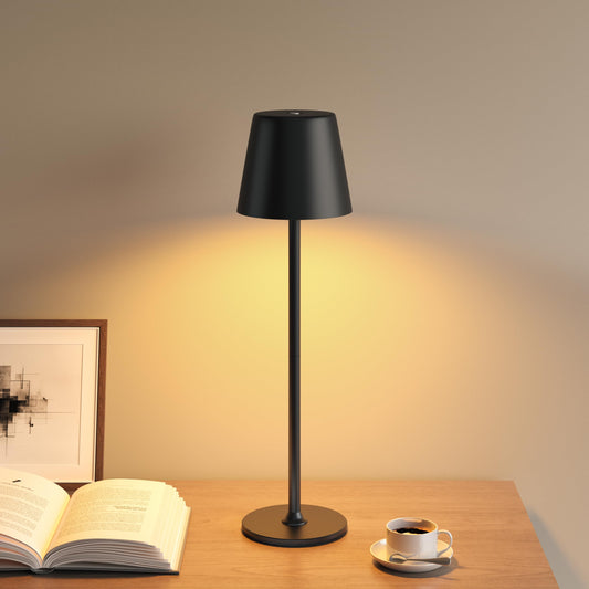 UPXNBOR LED Tischlampe Kabellos, Akku Tischleuchte Kabellos, Indoor und Outdoor Tischlampe Akku, 3-stufig dimmbares Warmlicht, IP54 Wasserdicht, Vollmetallgehäuse, Schwarz