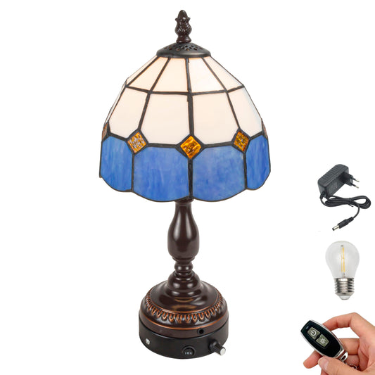 FSLiving Tiffany-Stil Tischlampe Kabellos Warmweißes,Blau Wiederaufladbar Tischleuchte, Dimmbar Nachttischlampe mit Glasschirm und Fernbedienung für Nachttisch Esszimmer Schlafzimmer -B2CDTD