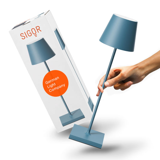 SIGOR Nuindie 2.0 - Dimmbare LED Akku-Tischlampe Indoor & Outdoor, IP54 spritzwassergeschützt, Höhe 38 cm, aufladbar mit USB-C, 12 h Leuchtdauer, delfinblau