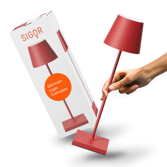 SIGOR Nuindie 2.0 - Dimmbare LED Akku-Tischlampe Indoor & Outdoor, IP54 spritzwassergeschützt, Höhe 38 cm, aufladbar mit USB-C, 12 h Leuchtdauer, feuerrot