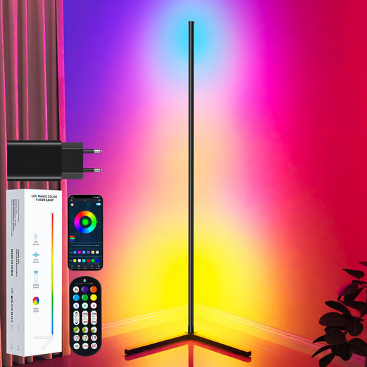 TRUMPETS LED Stehlampe Wohnzimmer 165cm, RGB Ecklampe Dimmbar mit Fernbedienung und APP, 16 Millionen Farben, Musikmodi, DIY-Modus & Timing -Funktion für Schlafzimmer (Mit Adapter 10W)