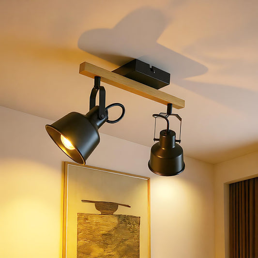 Deckenstrahler 2 Flammig, Schwenkbar 350°, Vintage Deckenlampe LED Deckenleuchte, E14 Fassung Industrial Holzmaserung Spotbalken für Küche, Wohnzimmer, Schlafzimmer, Schwarz (Ohne Leuchtmittel)