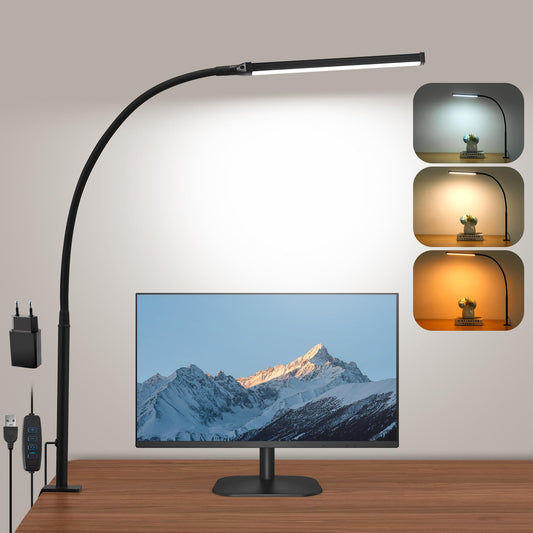 LED Schreibtischlampe Klemmbar, Dimmbare Schreibtischlampe mit 3 Farben und 10 Helligkeitsstufen, Augenschonende Tischlampe, Tageslichtlampe Schreibtisch Lampe, Klemmleuchte, Schwarz