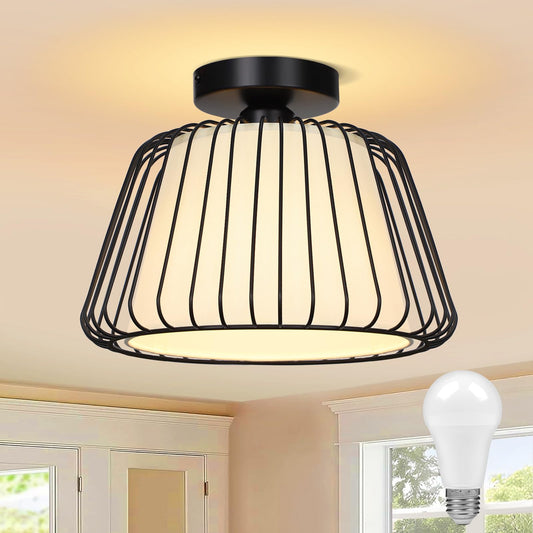 SERBASIC Deckenleuchte Schwarz Deckenlampe Led Dimmbar mit Glühbirne, Modern aus Metall E27 Deckenleuchte mit Stoffabdeckung, Deckenlampe Vintage Industrial für Küche Wohnzimmer Schlafzimmer Esszimmer