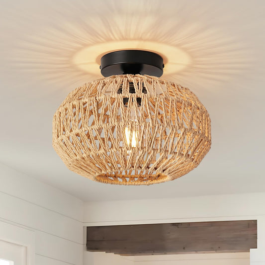 FORCOSO Deckenleuchte Rattan, Boho Deckenlampe mit Natürlicher Rattan Lampenschirm, E27 Vintage Kronleuchter, Rustikal Braun Boho Lampe Decke Für Wohnzimmer Schlafzimmer Esszimmer Flur Küche