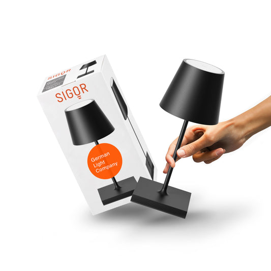 SIGOR Nuindie 2.0 mini - Dimmbare kleine LED Akku-Tischlampe Indoor & Outdoor, IP54 spritzwassergeschützt, Höhe 25 cm, aufladbar mit USB-C, 12 h Leuchtdauer, nachtschwarz