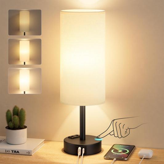 Kakanuo Nachttischlampe Touch Dimmbar, Tischlampe mit USB A+C+Steckdose Ladefunktion, Lampenschirm aus Leinenstoff, Lampe für Nachttisch Wohnzimmer Schlafzimmer Kinderzimmer Büro(Inklusive Birne)