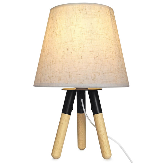 Heart Tong Tischlampe Holz Dreibein und stoffschirm mit 6W LED Leuchtmittel Warmweiß | Vintage Nachttischlampe | Retro Tischleuchte | Schlafzimmer Wohnzimmer Belechtung