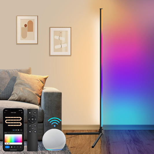 Fortand LED Ecklampe, WiFi RGBCW Stehlampe Wohnzimmer Dimmbar LED Standleuchte Kompatibel mit Alexa/Google Home, Eckleuchte mit Fernbedienung Modern Leselampe Smart Stehleuchte Schlafzimmer, 155CM