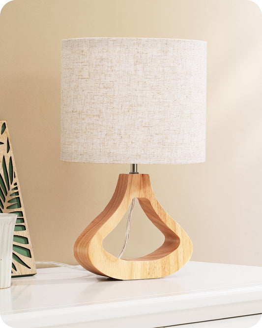 EDISHINE Nachttischlampe aus Holz, Tischlampe mit E27 Leuchtmittlel, Lampenschirm aus Leinen, mit Kabel, Moderne Beige Tischleuchte Vintage für Wohnzimmer, Schlafzimmer, Landhausstil [Energieklasse F]
