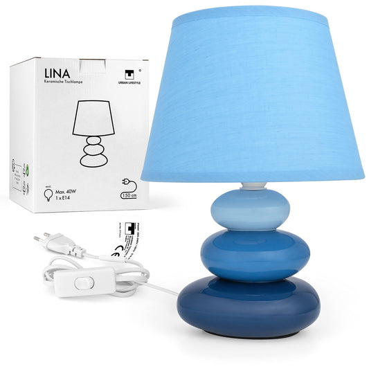 Nachttischlampe "Lina" (Blau) Tischleuchte Keramik Tischlampe mit Stoffschirm, LED geeignet, E14 230V Keramik, Tischlampe, Nachttischleuchte, Fenster Lampe, Sofalampe. Fensterbank Lampen