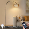 Rayofly Bogenlampe Wohnzimmer Stehlampe, Vintage Stehlampe mit Rattan Lampenschirm, Boho Stehlampe mit Fernbedienung und LED-Glühbirne, App-Steuerung, Dimmbar Stehlampe für Schlafzimmer Büro, Schwarz