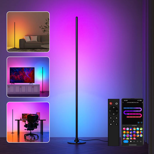 Lanmonlily LED Stehlampe mit Fernbedienung und APP, RGBICW Stehlampe Dimmbar, mit Alexa und Google, Musik Sync, 16 Millionen Farben, 68 Szenenmodi, Stilvolle Stehleuchte für Schlafzimmer