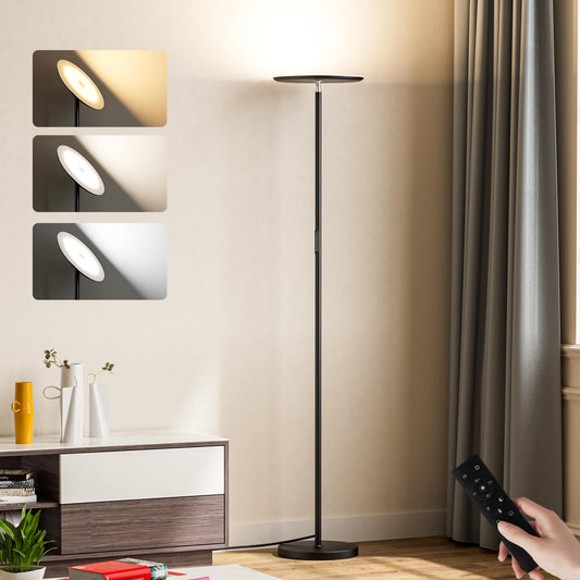 PreeOtti Stehlampe Wohnzimmer, 36W LED Deckenfluter mit Fernbedienung & Touch-Steuerung, 3 Farbtemperaturen, Stufenlos Dimmbar, Moderne Leselampe Stehleuchte für Wohnzimmer Schlafzimmer Büro(Schwarz)