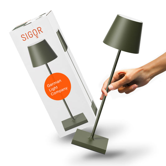 SIGOR Nuindie 2.0 - Dimmbare LED Akku-Tischlampe Indoor & Outdoor, IP54 spritzwassergeschützt, Höhe 38 cm, aufladbar mit USB-C, 12 h Leuchtdauer, tannengrün
