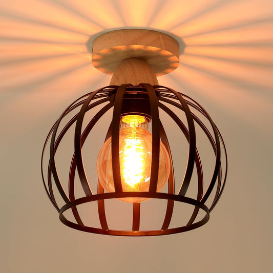 iDEGU Deckenleuchte Vintage Deckenlampe aus Holz und Eisen Käfig Design 20cm Lampenschirm E27 Beleuchtung Pendelleuchte Industrial Lampe für Flur Schlafzimmer Wohnzimmer Küche Eingang (Schwarz)