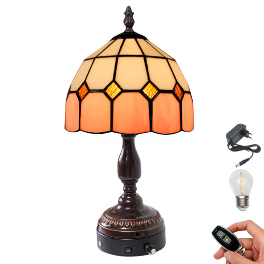FSLiving Tiffany-Stil Tischlampe Kabellos Warmweißes,Rosa Wiederaufladbar Tischleuchte, Dimmbar Nachttischlampe mit Glasschirm und Fernbedienung für Nachttisch Esszimmer Schlafzimmer -B2CDTD