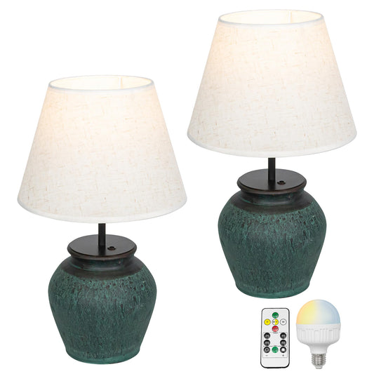FSLiving Tischlampe Keramik Tischleuchte Lampe Grün, Vintage Dimmbar Nachttischlampe mit Stoffschirm 1xE27, Wiederaufladbare Tischlampe Zeitschaltuhr für Nachttisch Beistelltisch 2er-Satz -TD0753GN