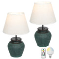 FSLiving Tischlampe Keramik Tischleuchte Lampe Grün, Vintage Dimmbar Nachttischlampe mit Stoffschirm 1xE27, Wiederaufladbare Tischlampe Zeitschaltuhr für Nachttisch Beistelltisch 2er-Satz -TD0753GN
