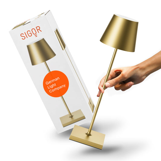 SIGOR Nuindie 2.0 - Dimmbare LED Akku-Tischlampe Indoor & Outdoor, IP54 spritzwassergeschützt, Höhe 38 cm, aufladbar mit USB-C, 12 h Leuchtdauer, goldfarben